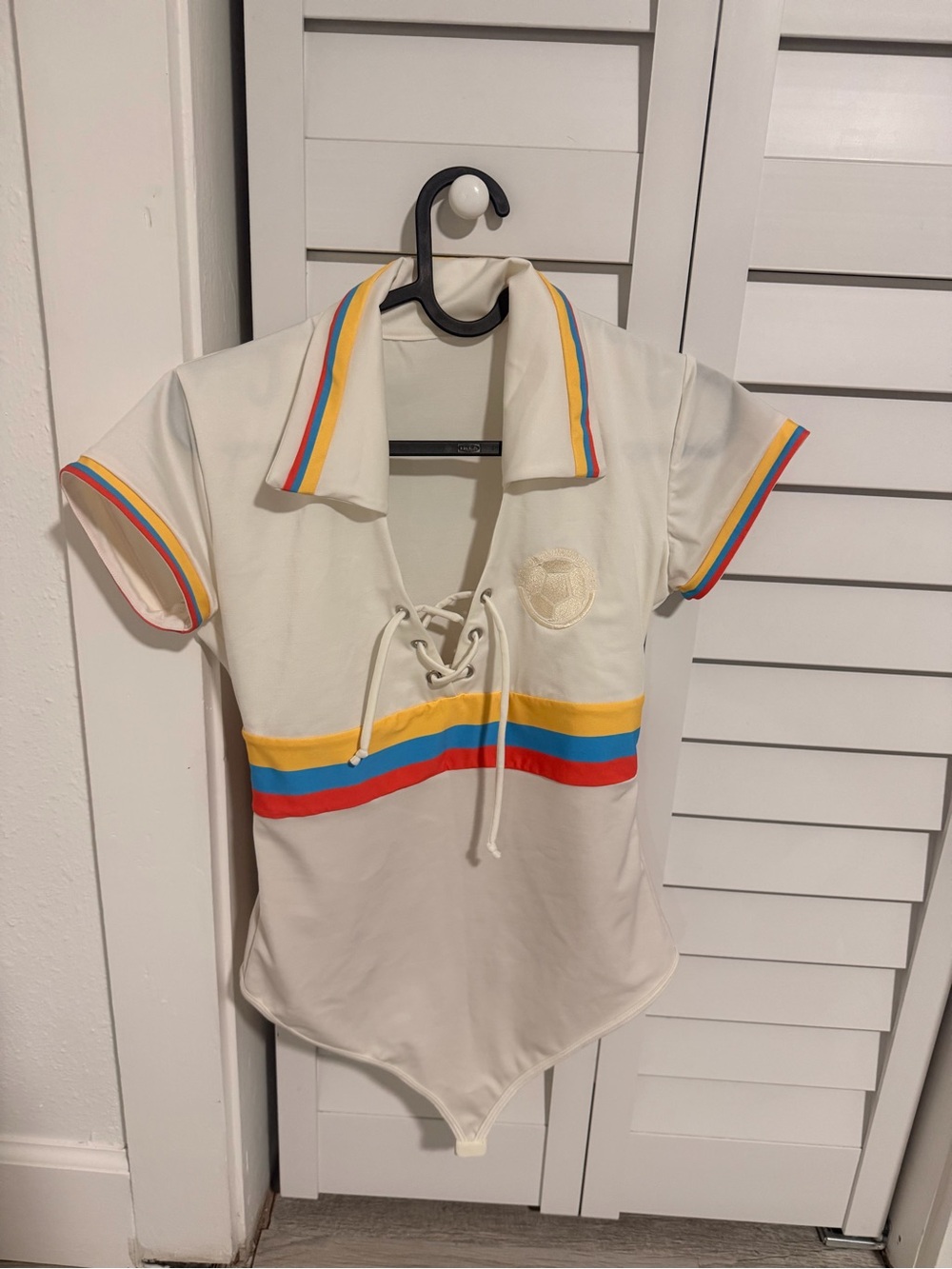 Cream Lace-Up Bodysuit with Rainbow Stripe Detail